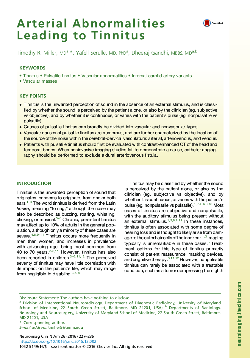 Arterial Abnormalities Leading to Tinnitus