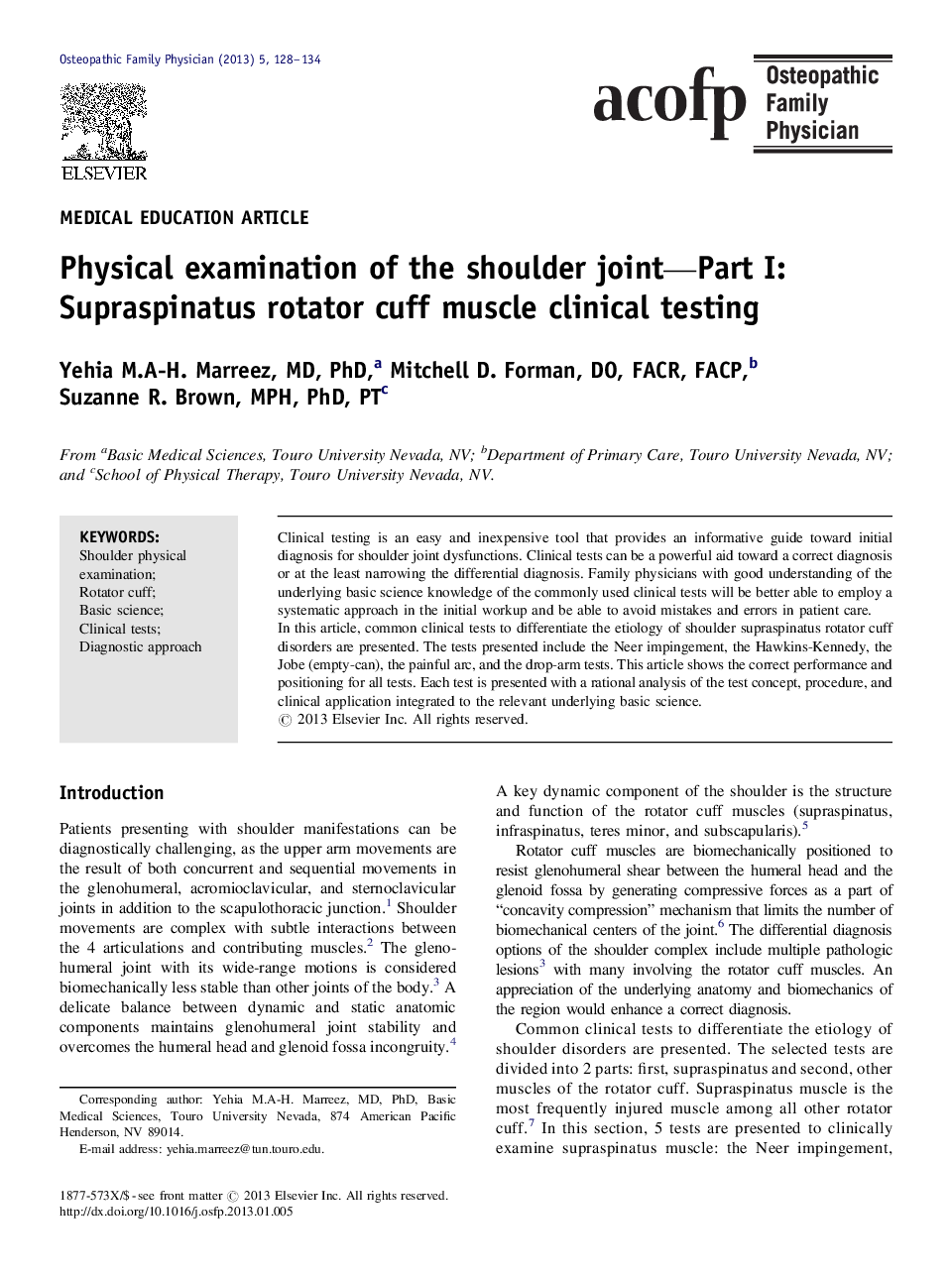 Physical examination of the shoulder joint-Part I: Supraspinatus rotator cuff muscle clinical testing