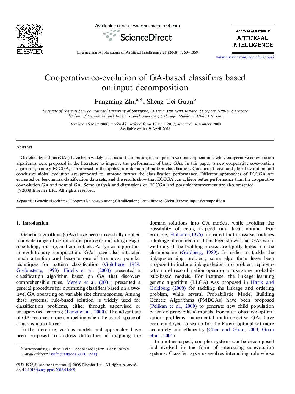 Cooperative co-evolution of GA-based classifiers based on input decomposition