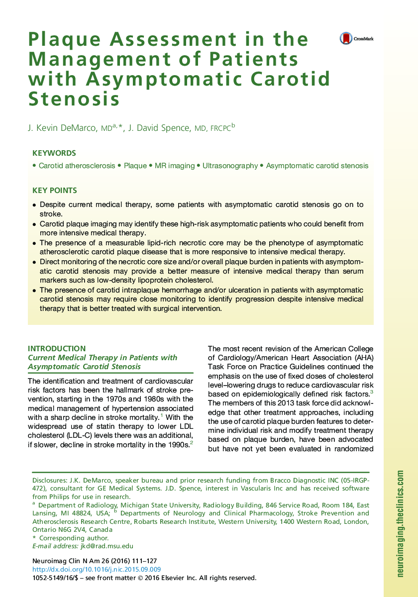 Plaque Assessment in the Management of Patients with Asymptomatic Carotid Stenosis