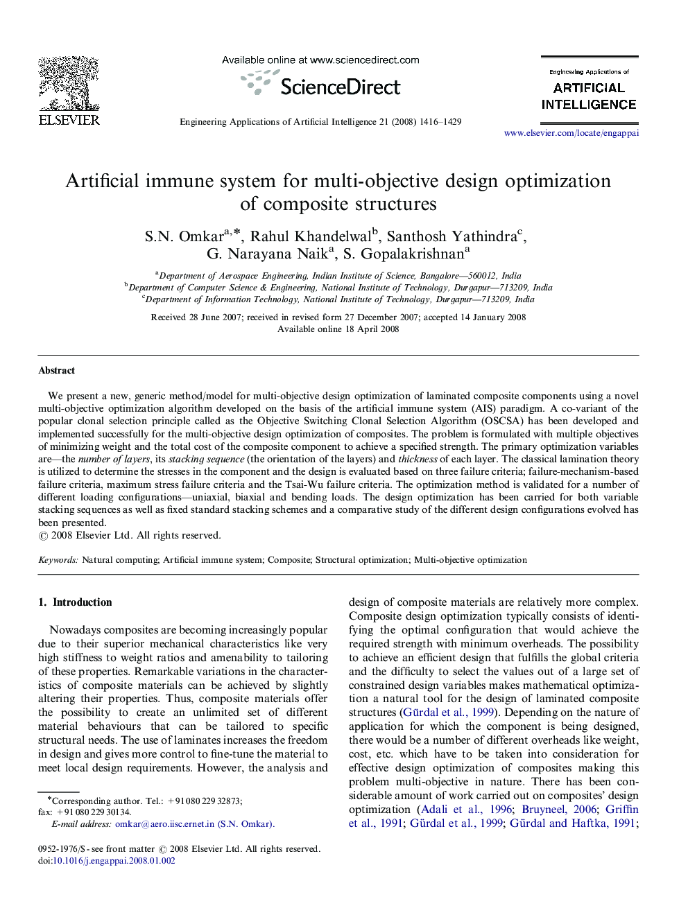 Artificial immune system for multi-objective design optimization of composite structures