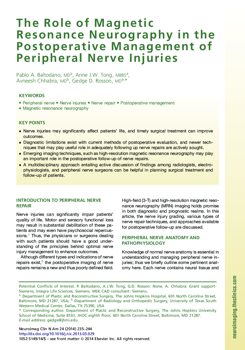 The Role of Magnetic Resonance Neurography in the Postoperative Management of Peripheral Nerve Injuries