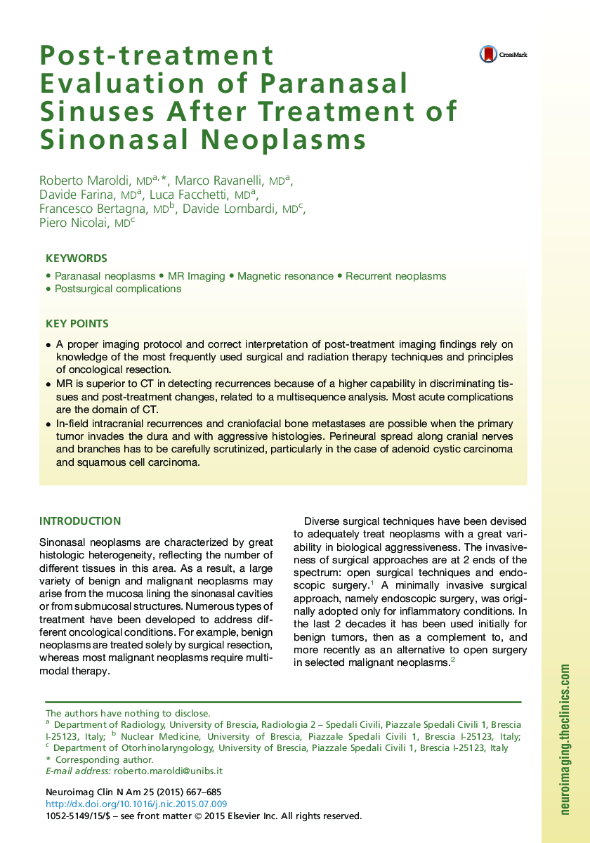 ارزیابی پس از درمان سینوس های پارانازال پس از درمان نئوپلاسم های سینونازال 
