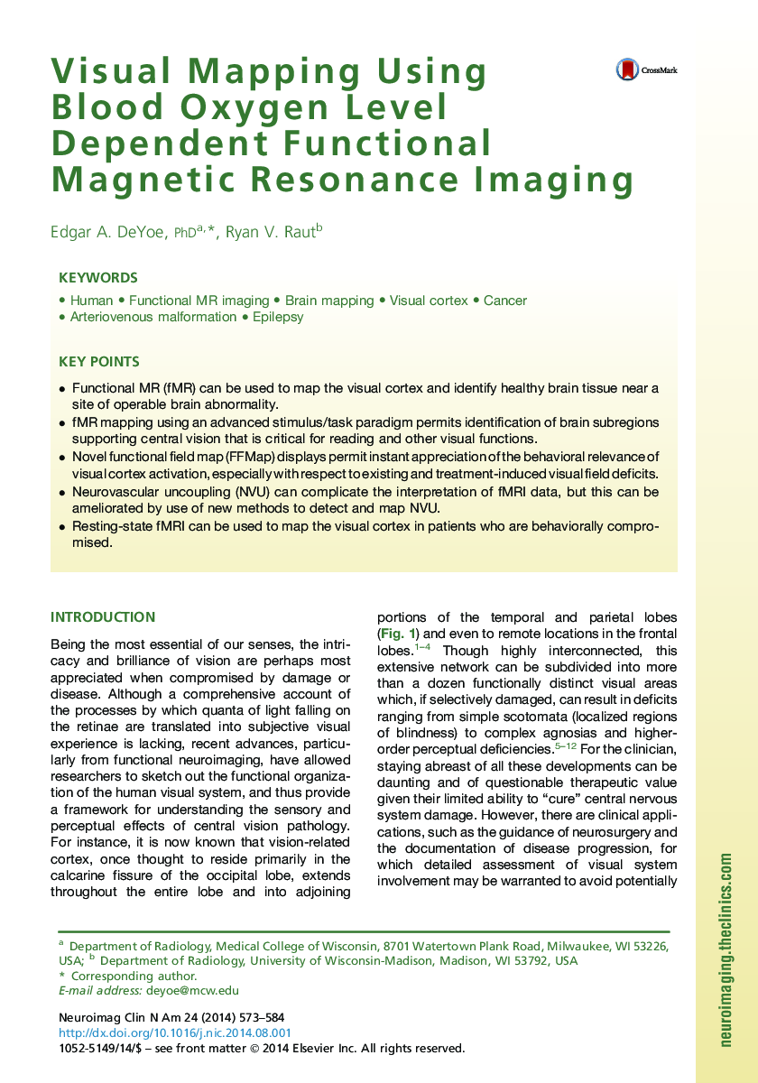 Visual Mapping Using Blood Oxygen Level Dependent Functional Magnetic Resonance Imaging