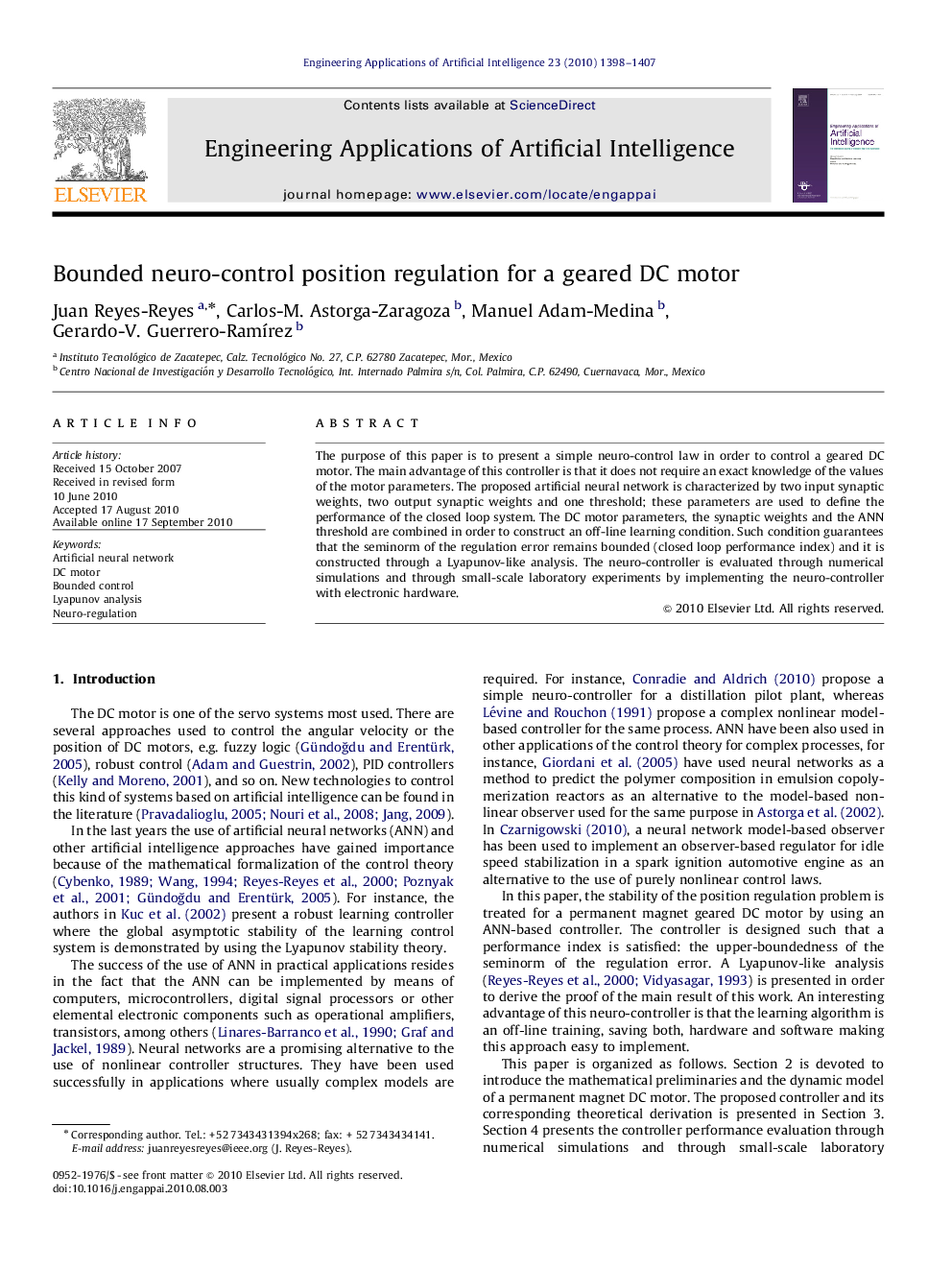 Bounded neuro-control position regulation for a geared DC motor