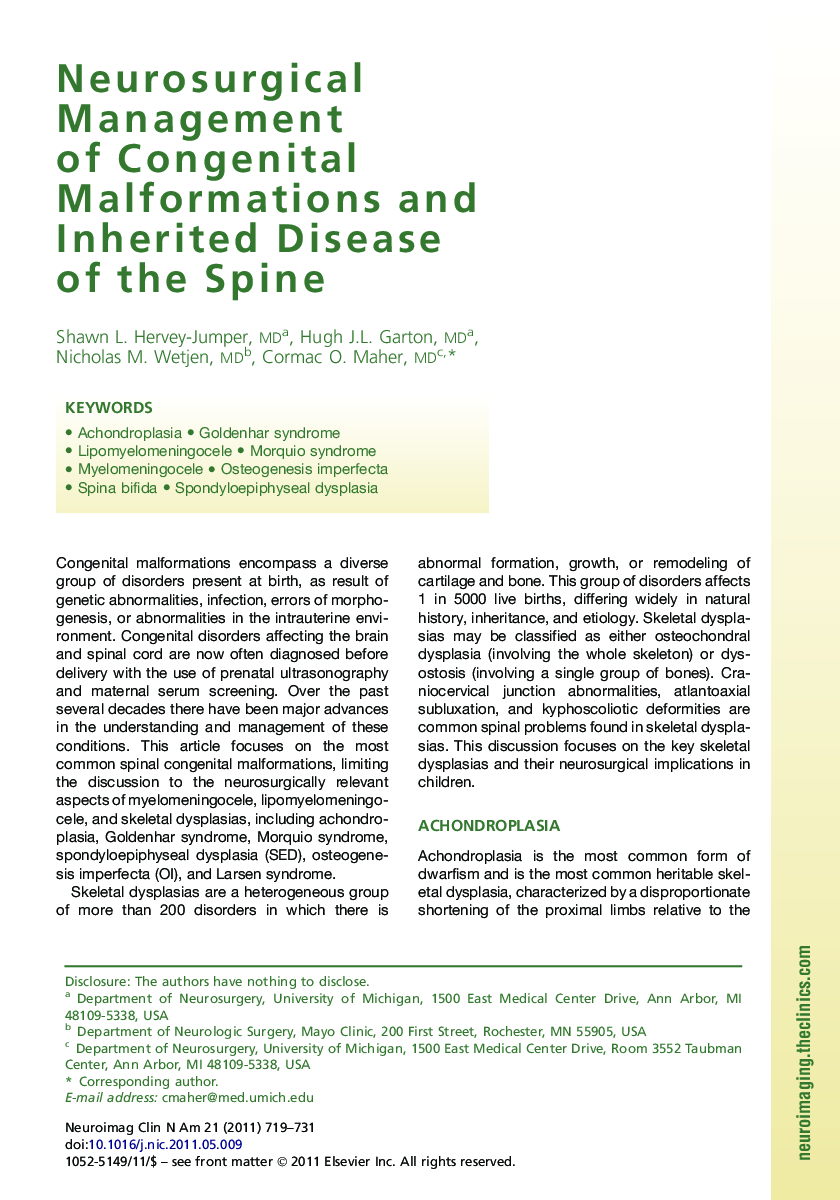 Neurosurgical Management of Congenital Malformations and Inherited Disease of the Spine