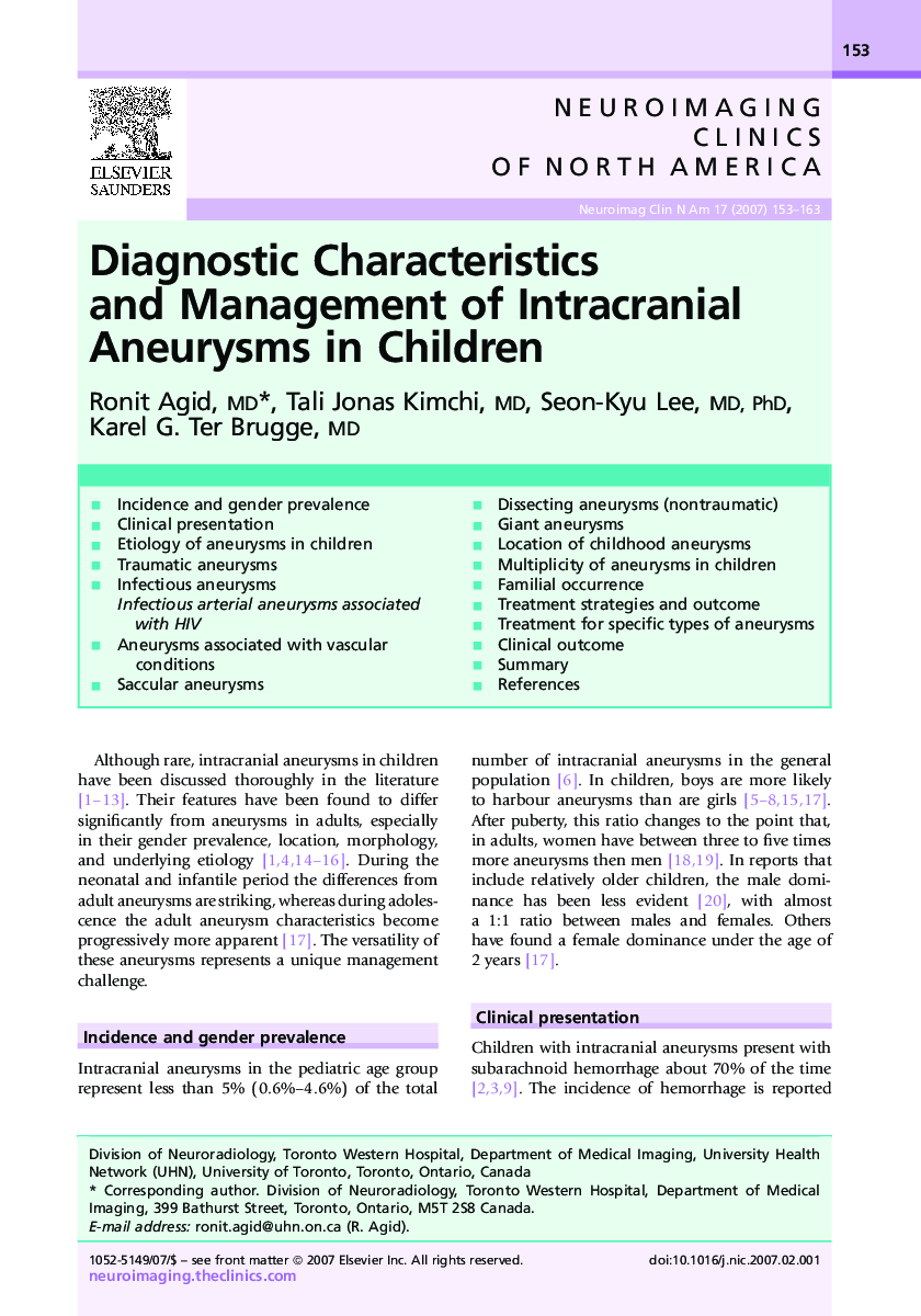 Diagnostic Characteristics and Management of Intracranial Aneurysms in Children