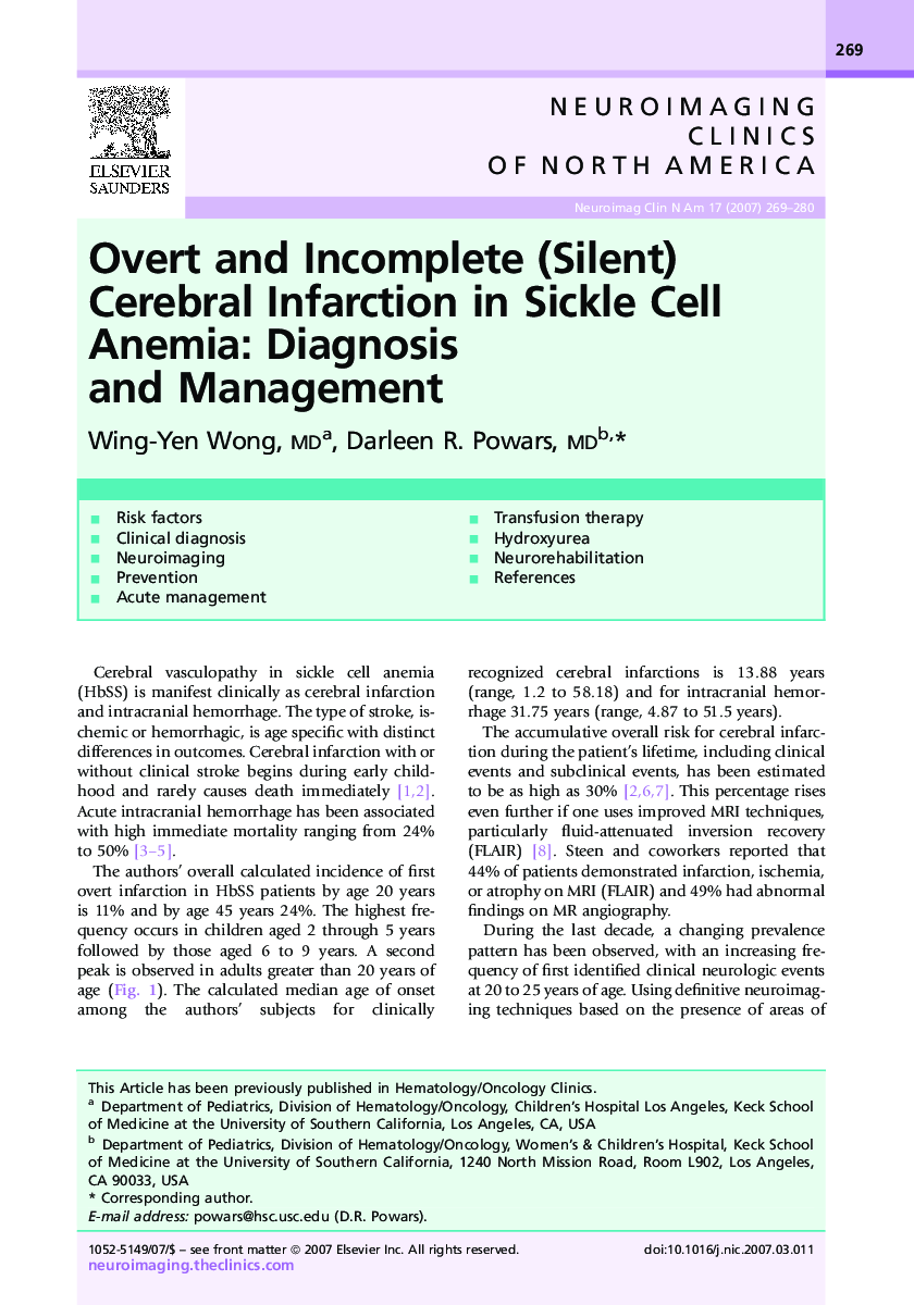 عکس صفحه اول مقاله: Overt and Incomplete (Silent) Cerebral Infarction in Sickle Cell Anemia: Diagnosis and Management Overt and Incomplete (Silent) Cerebral Infarction in Sickle Cell Anemia: Diagnosis and Management
