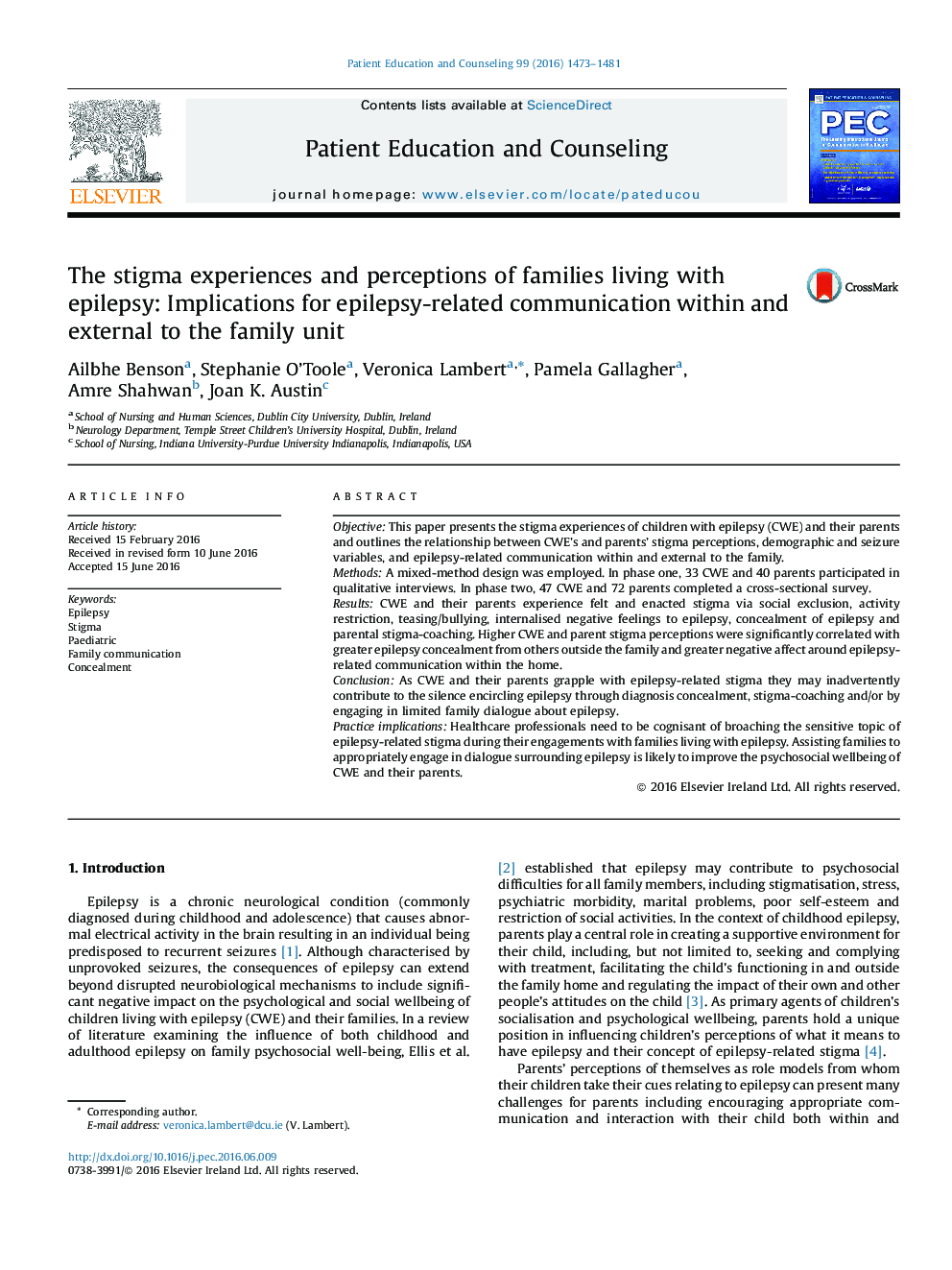 The stigma experiences and perceptions of families living with epilepsy: Implications for epilepsy-related communication within and external to the family unit