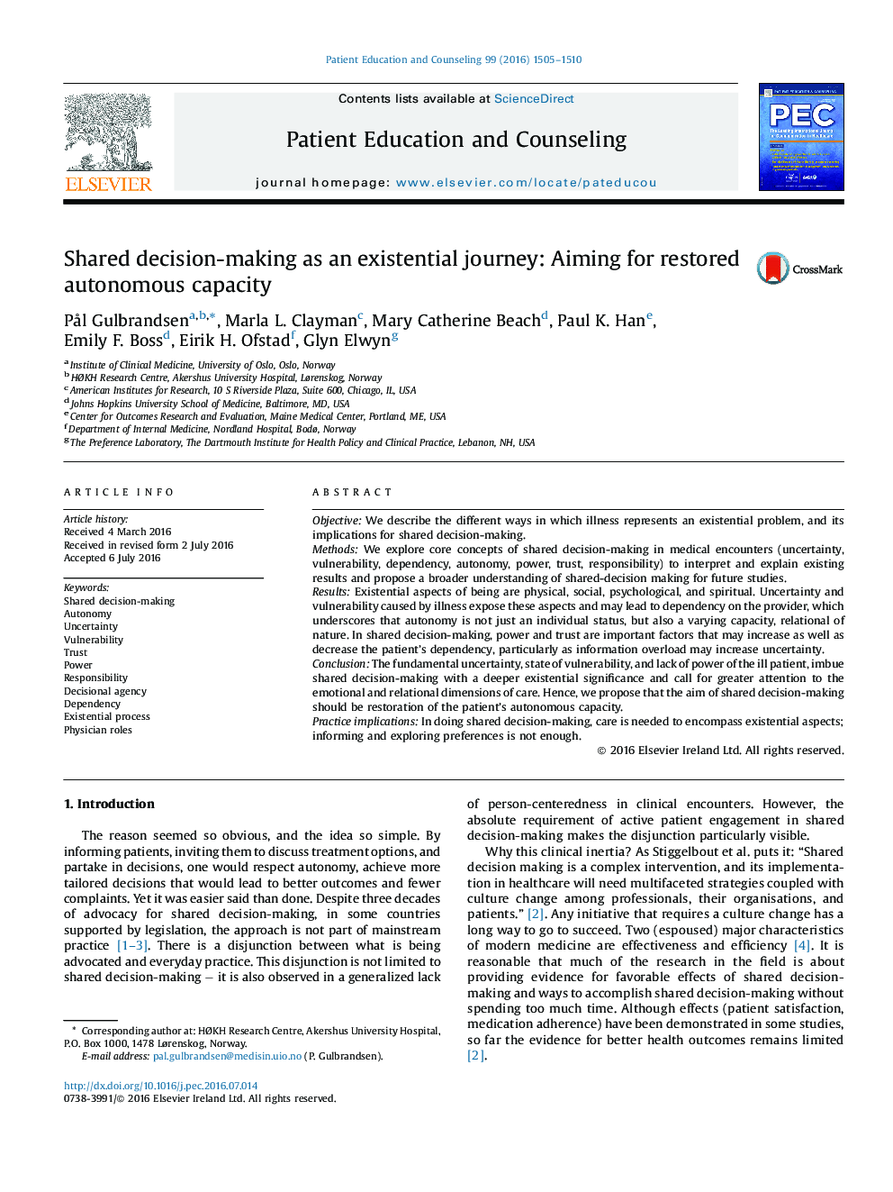 Shared decision-making as an existential journey: Aiming for restored autonomous capacity