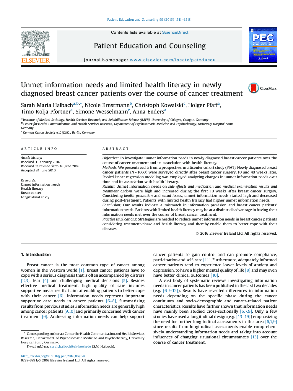 Unmet information needs and limited health literacy in newly diagnosed breast cancer patients over the course of cancer treatment