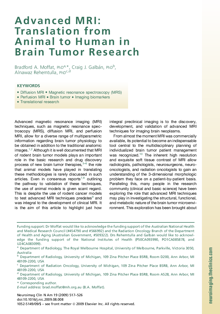 Advanced MRI: Translation from Animal to Human in Brain Tumor Research