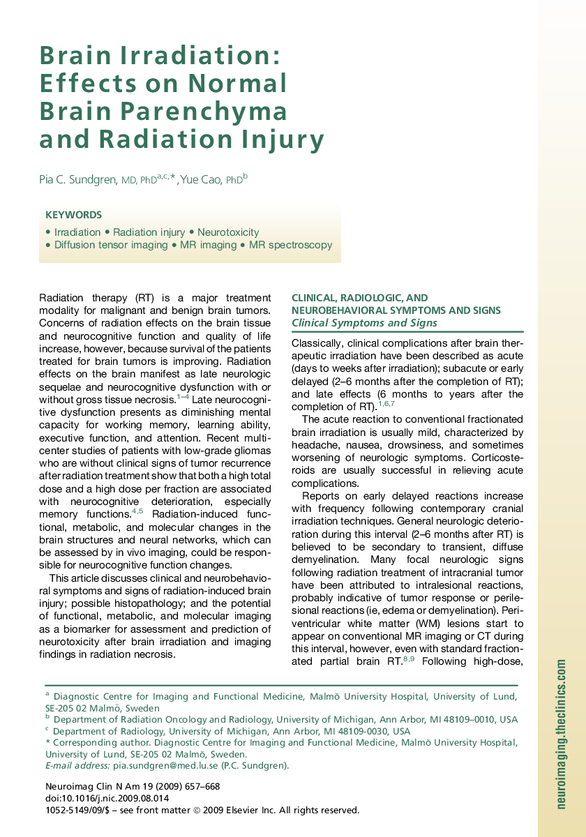 Brain Irradiation: Effects on Normal Brain Parenchyma and Radiation Injury