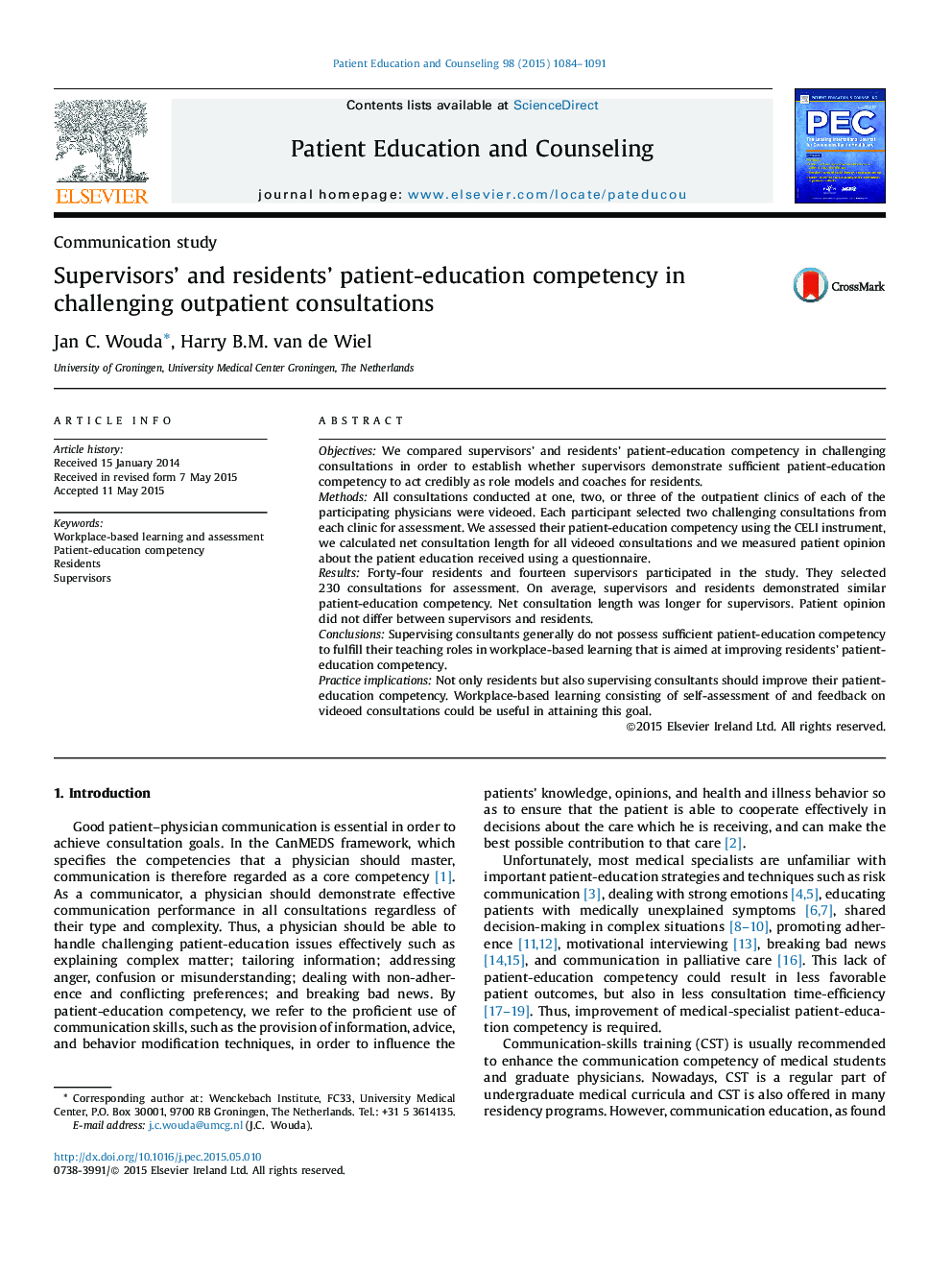 Supervisors’ and residents’ patient-education competency in challenging outpatient consultations