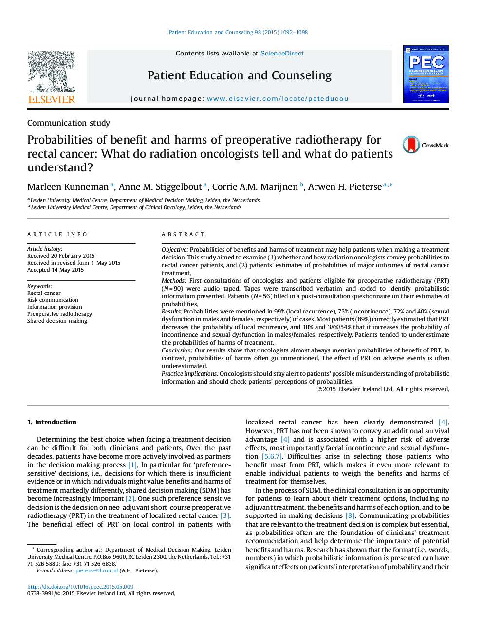 Probabilities of benefit and harms of preoperative radiotherapy for rectal cancer: What do radiation oncologists tell and what do patients understand?