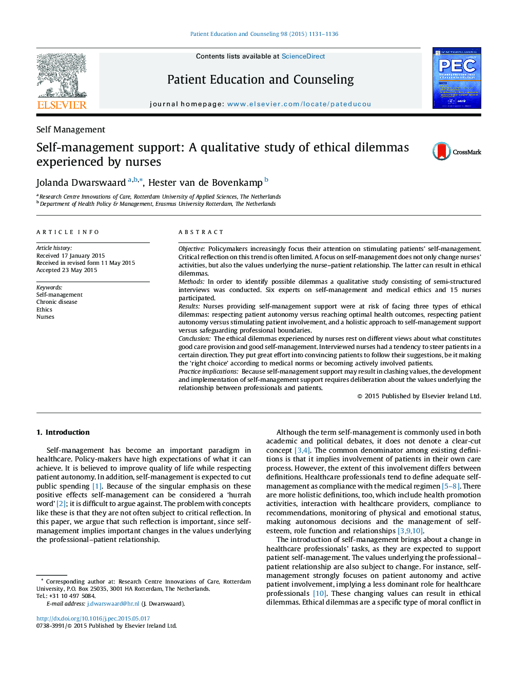 Self-management support: A qualitative study of ethical dilemmas experienced by nurses