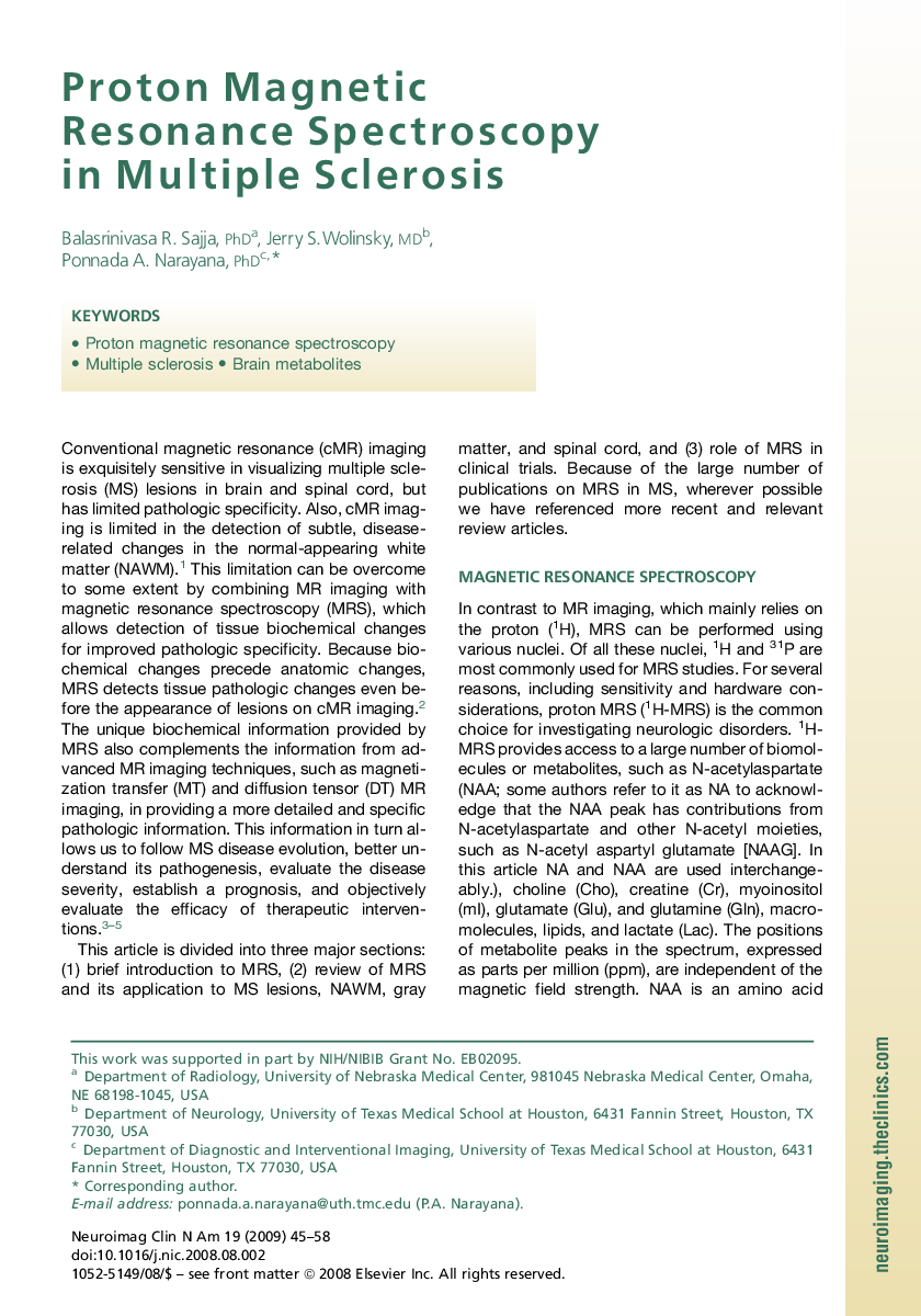 Proton Magnetic Resonance Spectroscopy in Multiple Sclerosis 