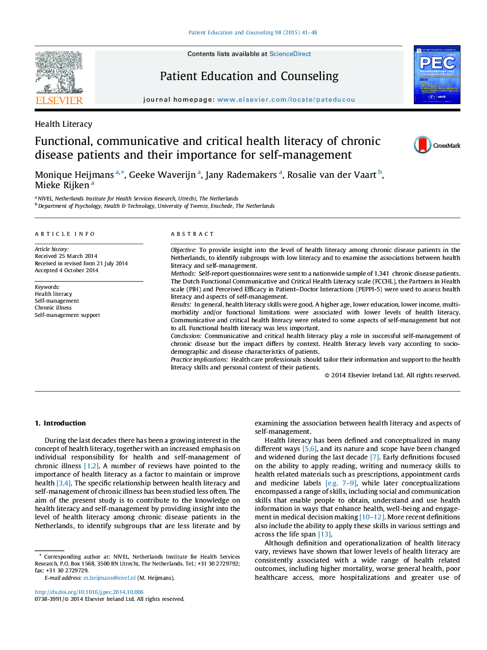 Functional, communicative and critical health literacy of chronic disease patients and their importance for self-management