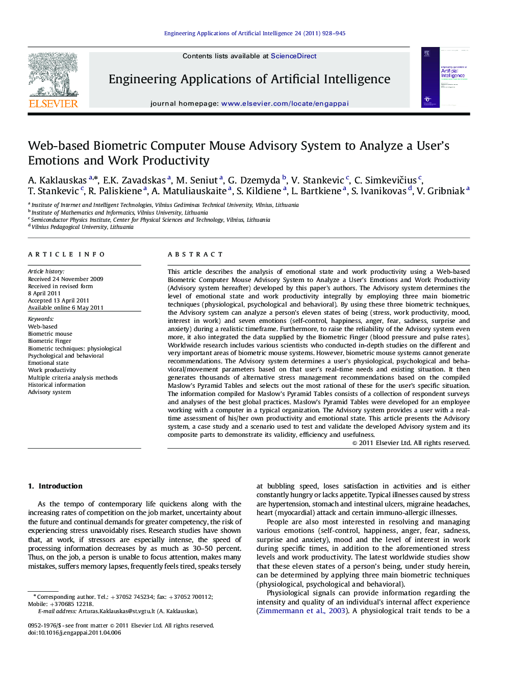 Web-based Biometric Computer Mouse Advisory System to Analyze a User's Emotions and Work Productivity