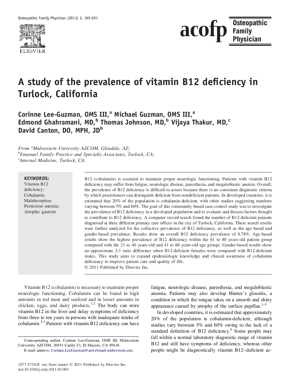 A study of the prevalence of vitamin B12 deficiency in Turlock, California