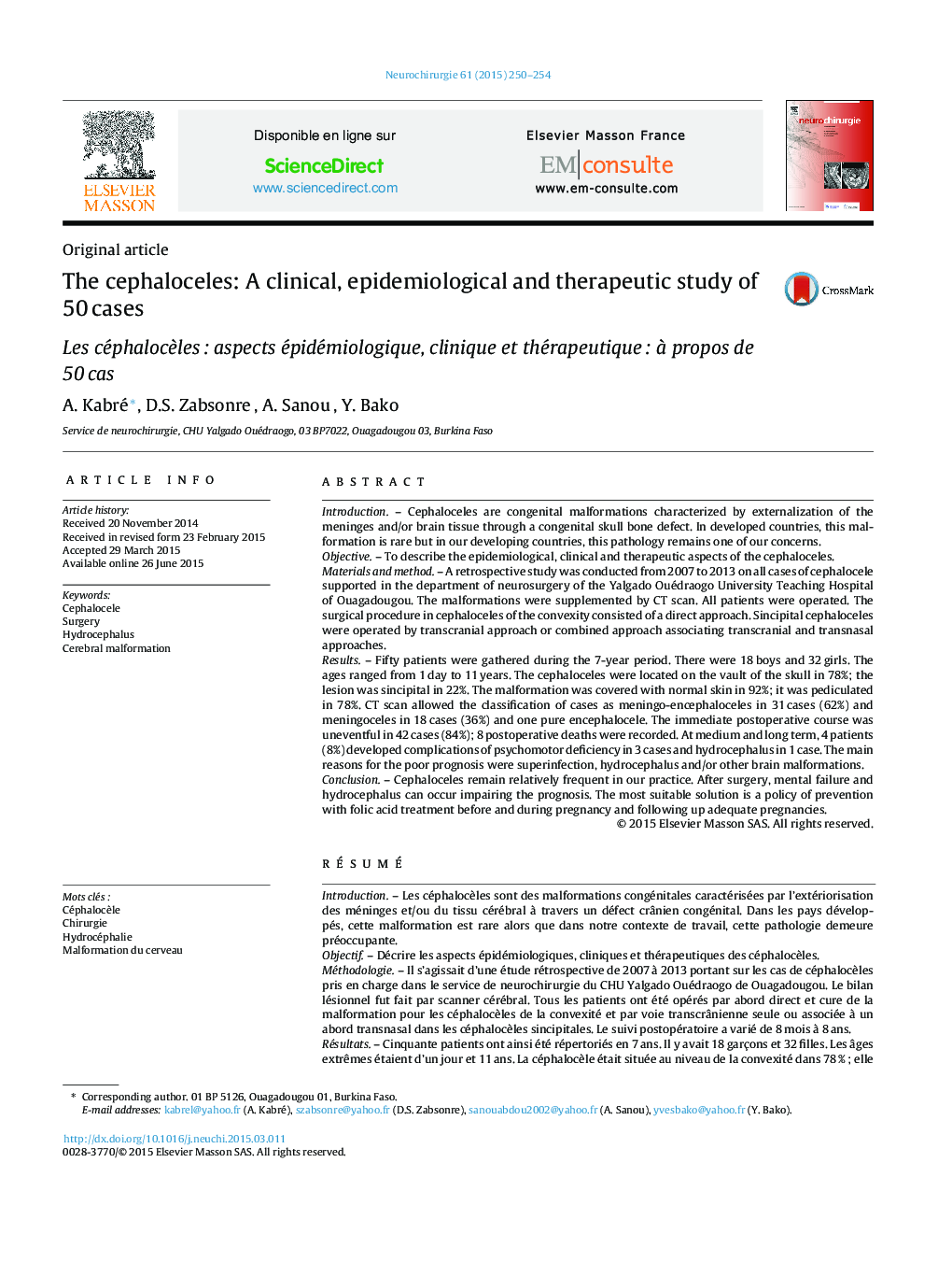 The cephaloceles: A clinical, epidemiological and therapeutic study of 50Â cases