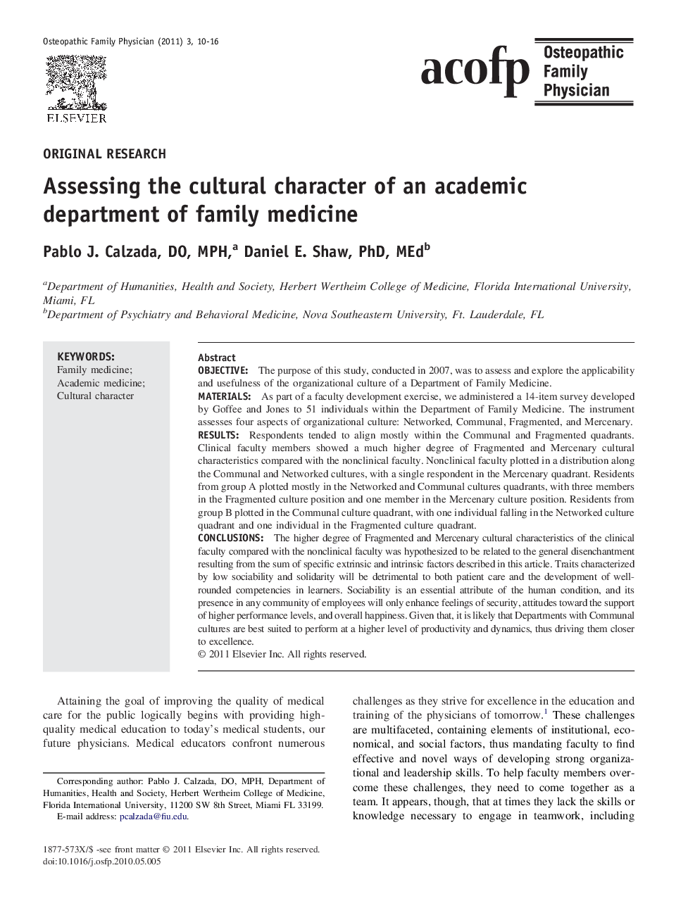 Assessing the cultural character of an academic department of family medicine
