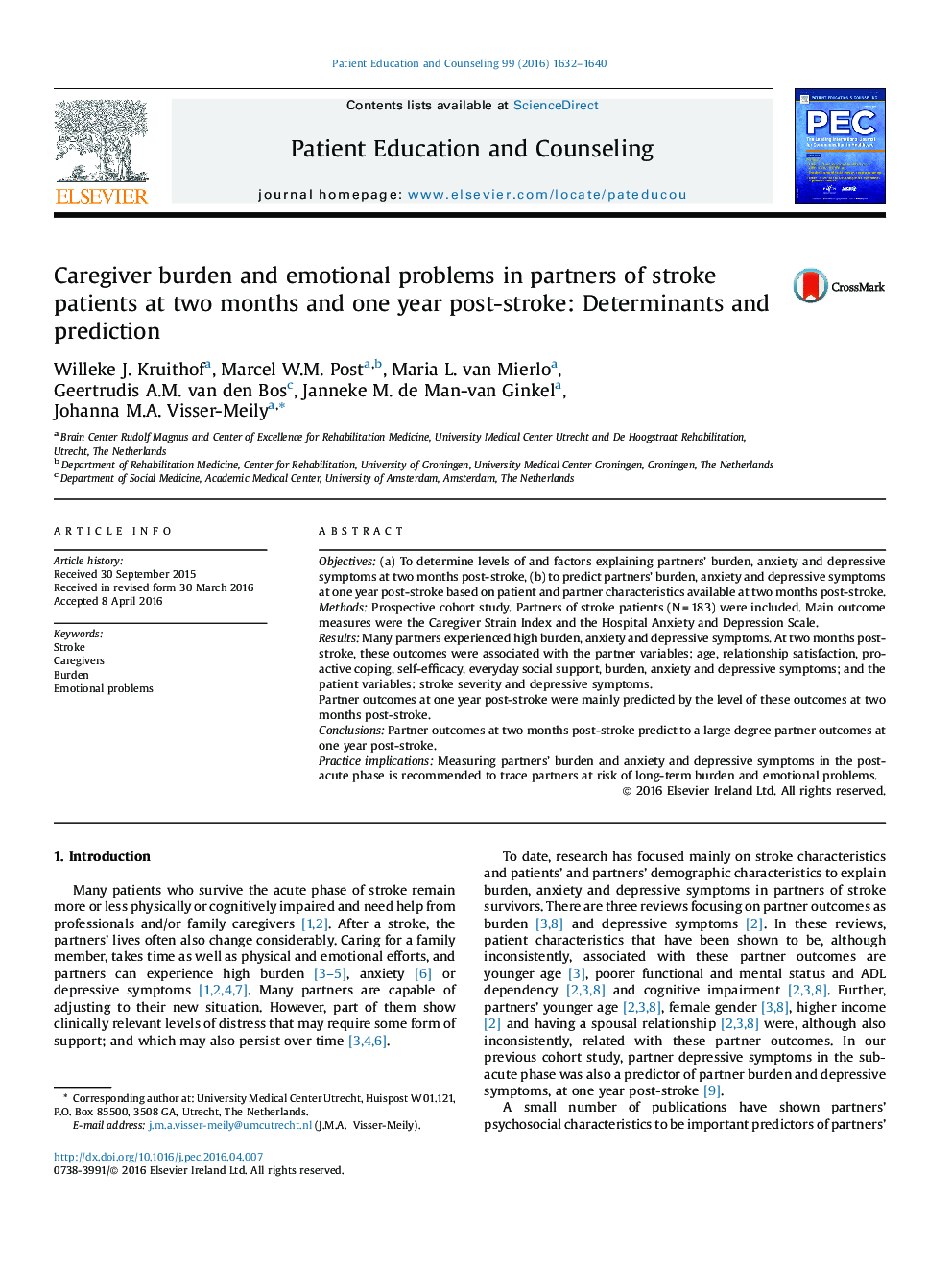 Caregiver burden and emotional problems in partners of stroke patients at two months and one year post-stroke: Determinants and prediction