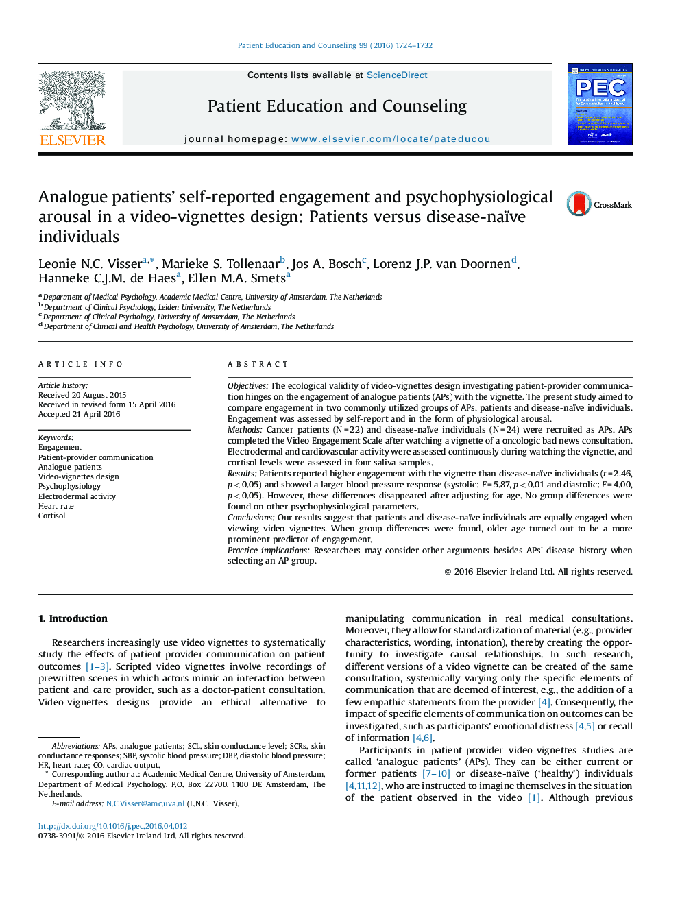 Analogue patients’ self-reported engagement and psychophysiological arousal in a video-vignettes design: Patients versus disease-naïve individuals