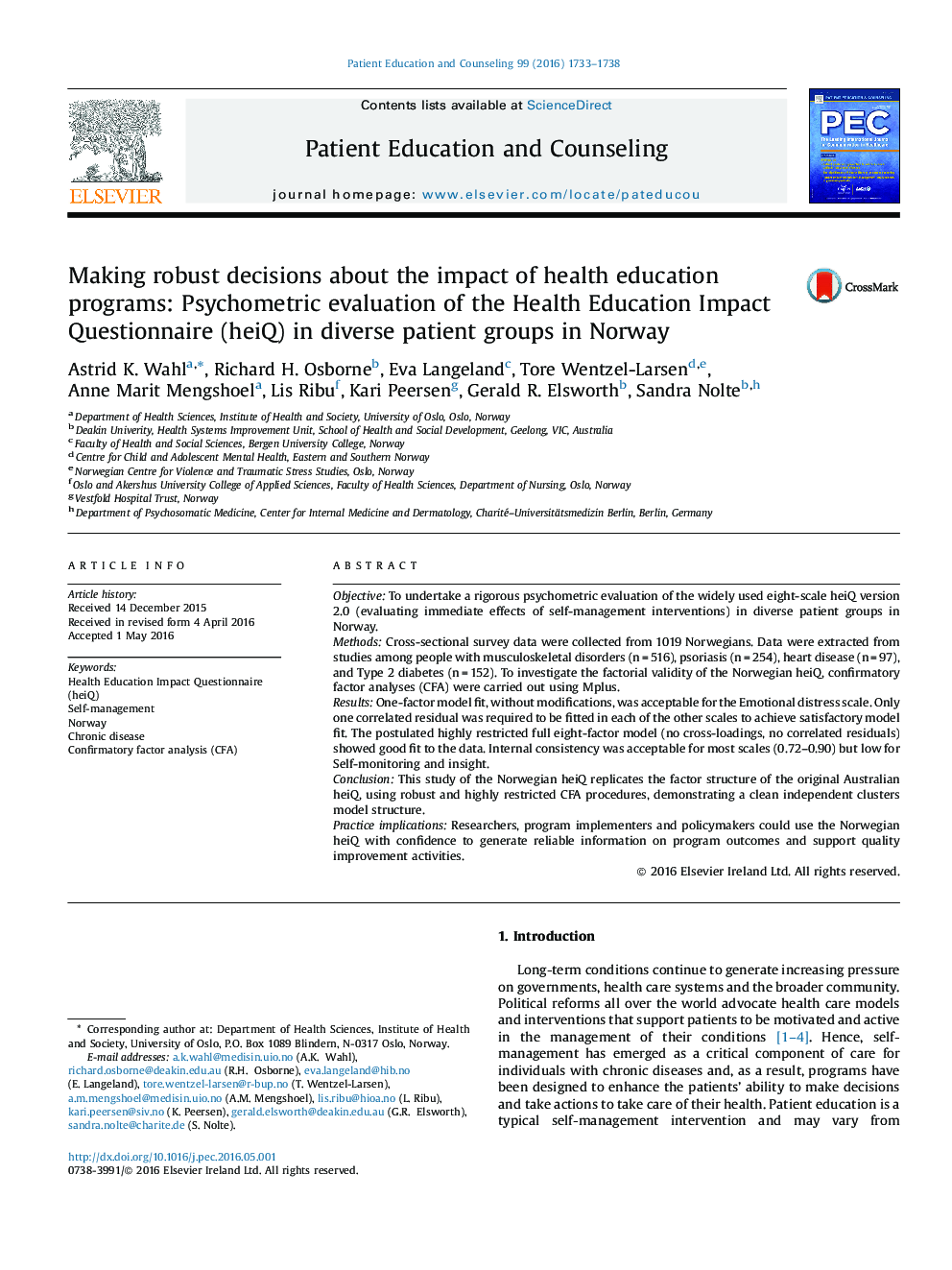 Making robust decisions about the impact of health education programs: Psychometric evaluation of the Health Education Impact Questionnaire (heiQ) in diverse patient groups in Norway