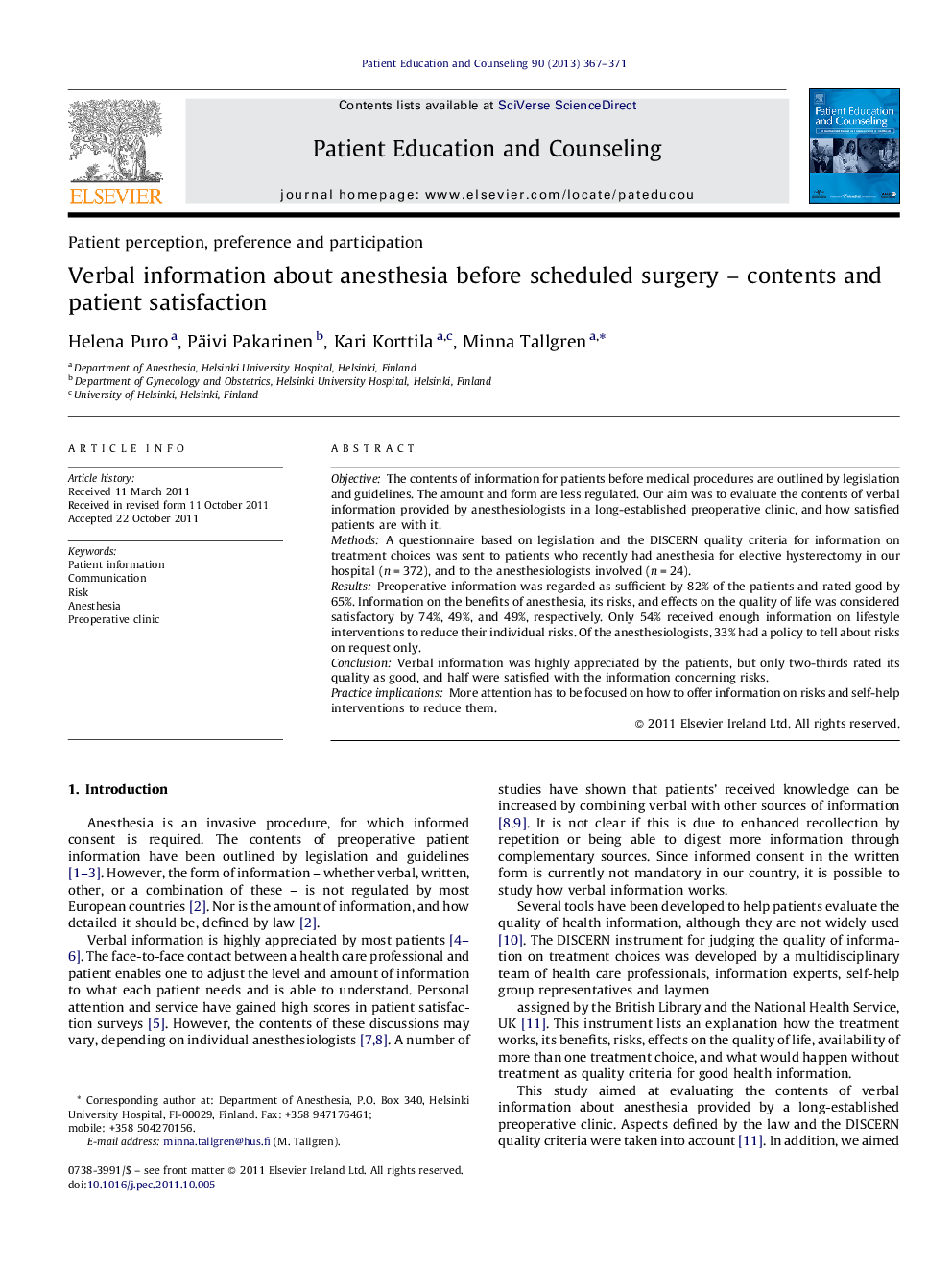 Verbal information about anesthesia before scheduled surgery – contents and patient satisfaction