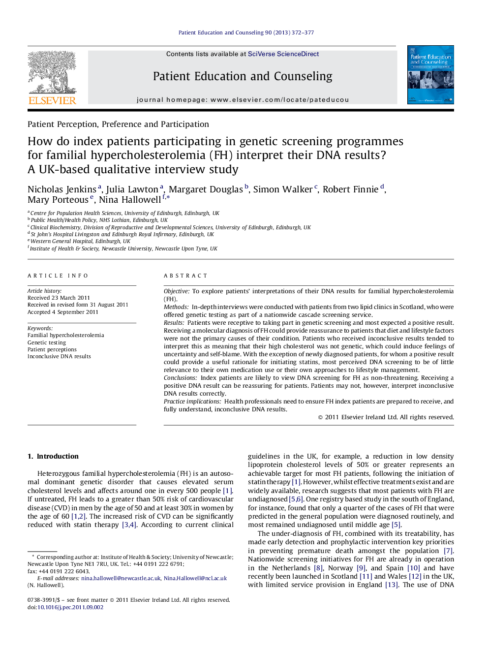 How do index patients participating in genetic screening programmes for familial hypercholesterolemia (FH) interpret their DNA results? A UK-based qualitative interview study