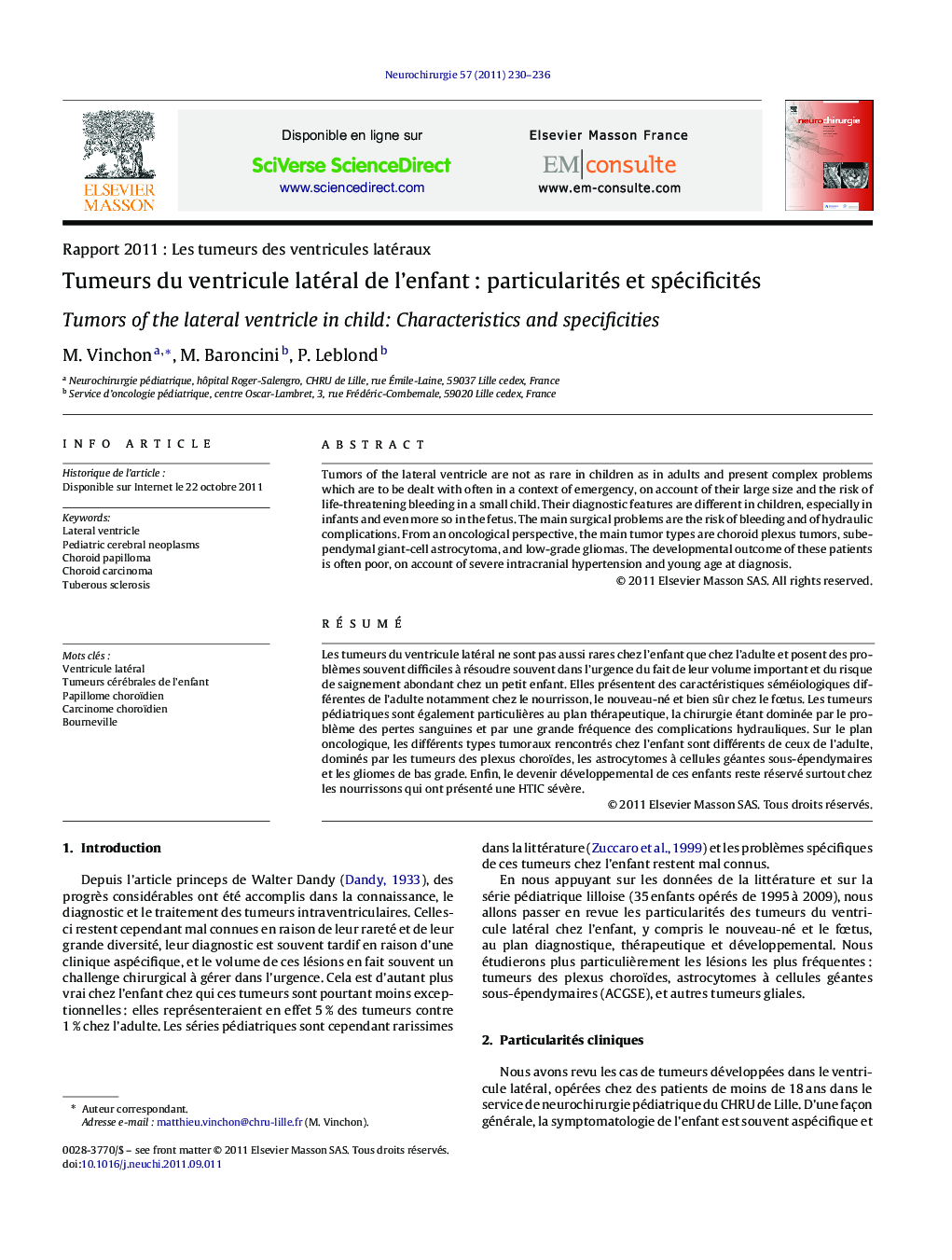 Tumeurs du ventricule latéral de l'enfantÂ : particularités et spécificités