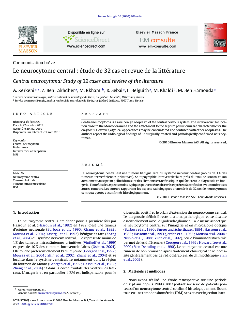 Le neurocytome centralÂ : étude de 32Â cas et revue de la littérature