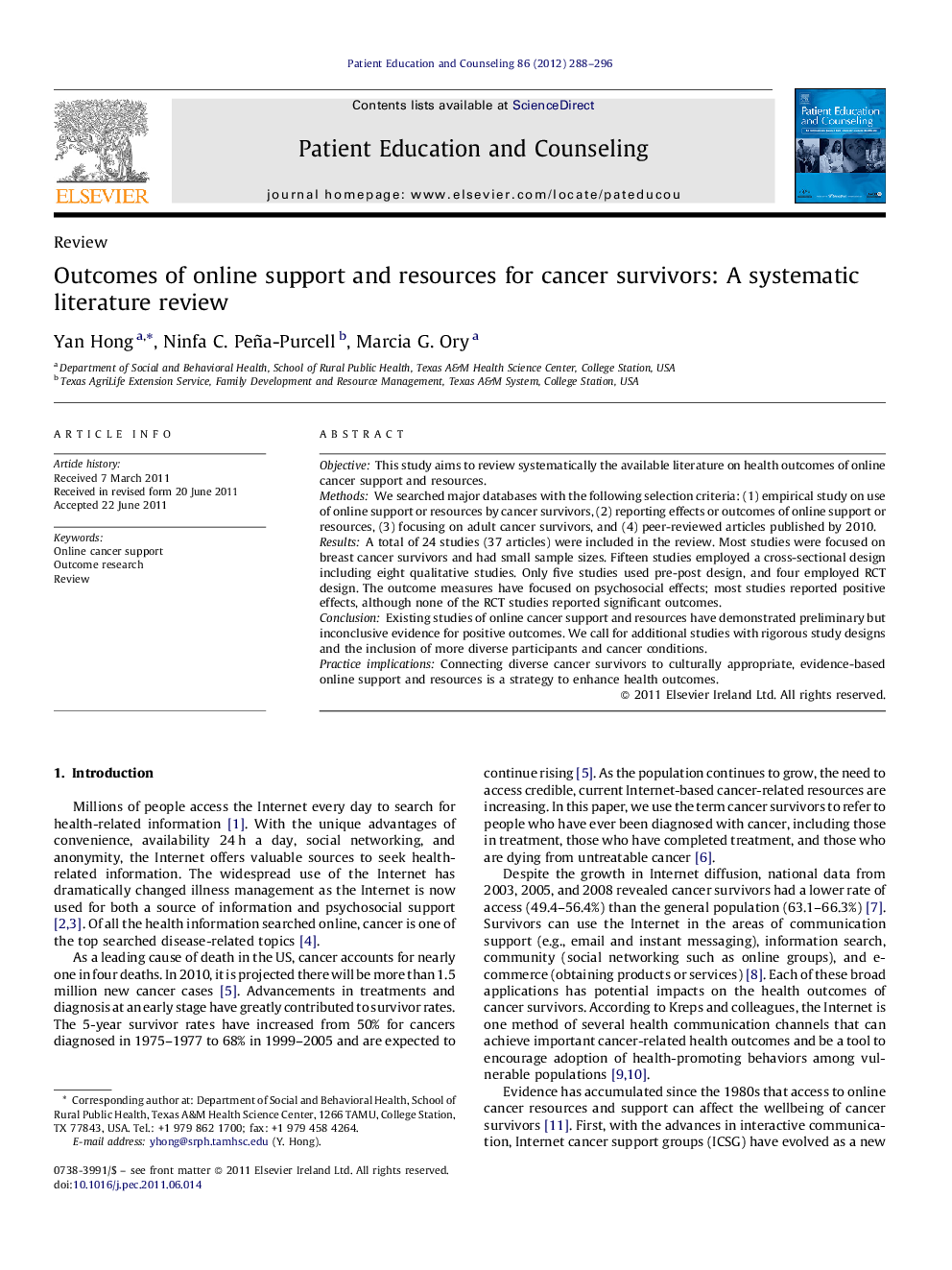 Outcomes of online support and resources for cancer survivors: A systematic literature review