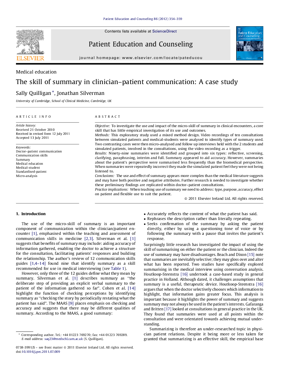 The skill of summary in clinician–patient communication: A case study