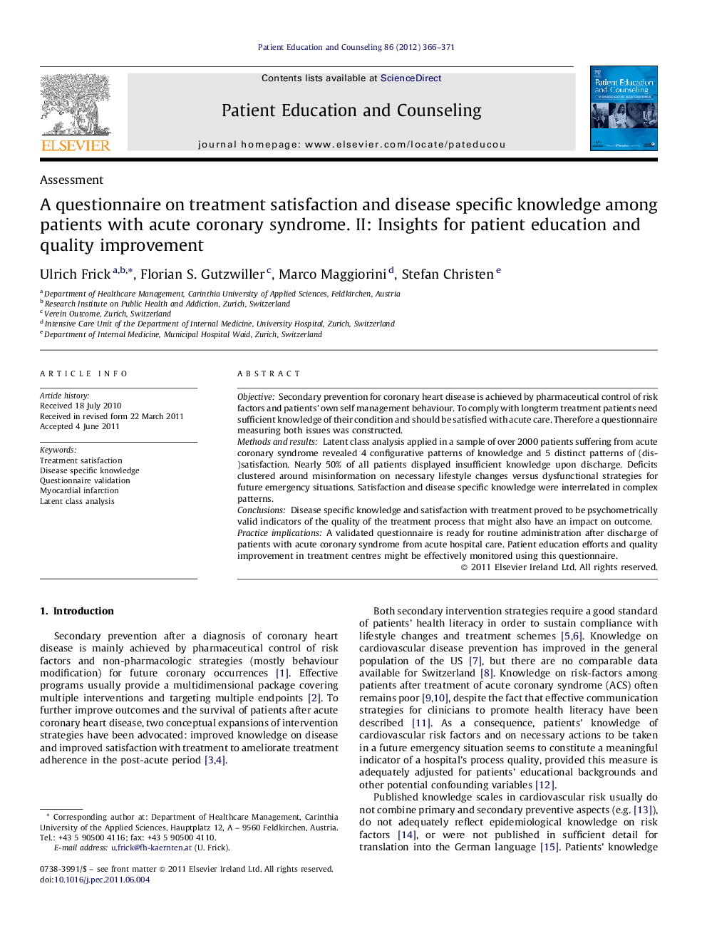 A questionnaire on treatment satisfaction and disease specific knowledge among patients with acute coronary syndrome. II: Insights for patient education and quality improvement