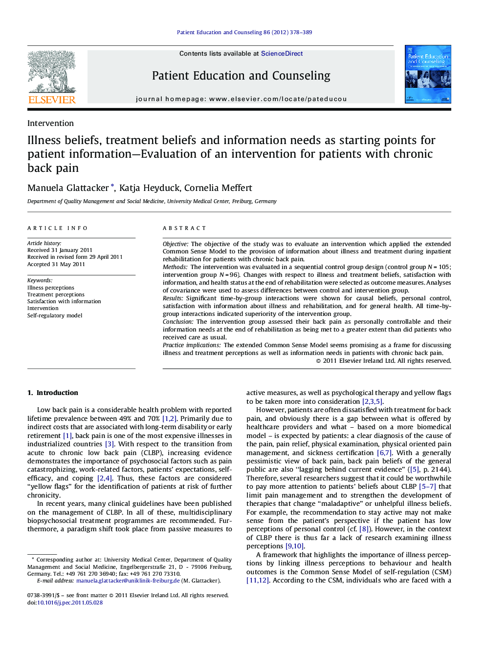 Illness beliefs, treatment beliefs and information needs as starting points for patient information—Evaluation of an intervention for patients with chronic back pain