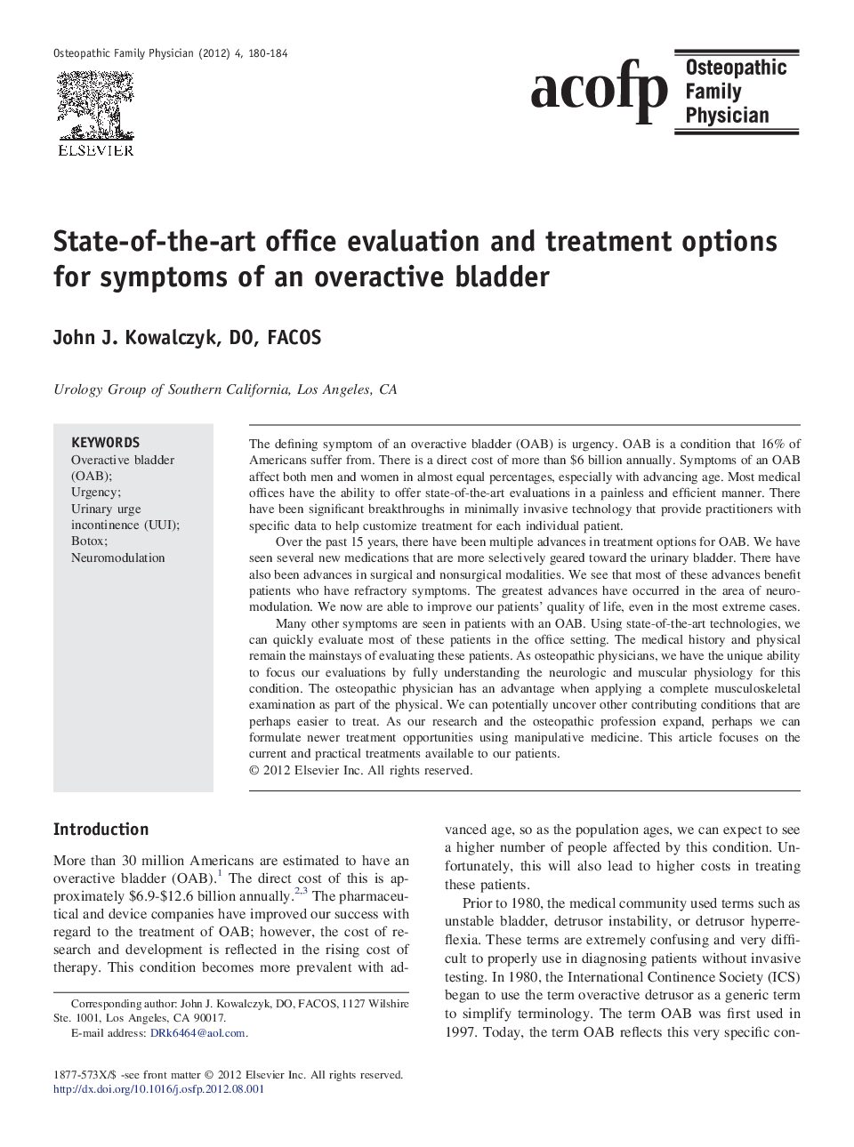State-of-the-art office evaluation and treatment options for symptoms of an overactive bladder