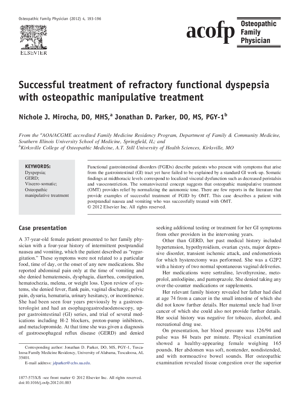 Successful treatment of refractory functional dyspepsia with osteopathic manipulative treatment