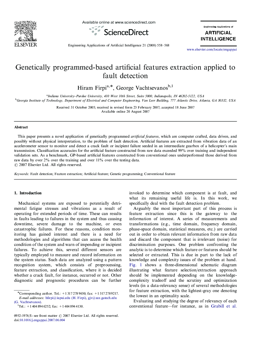 Genetically programmed-based artificial features extraction applied to fault detection