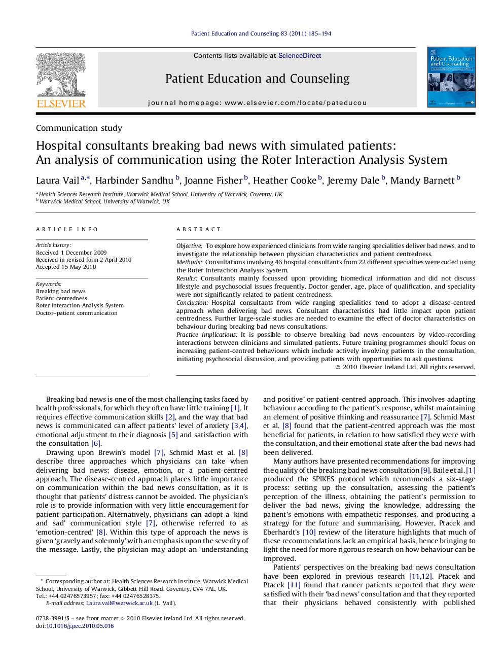 Hospital consultants breaking bad news with simulated patients: An analysis of communication using the Roter Interaction Analysis System