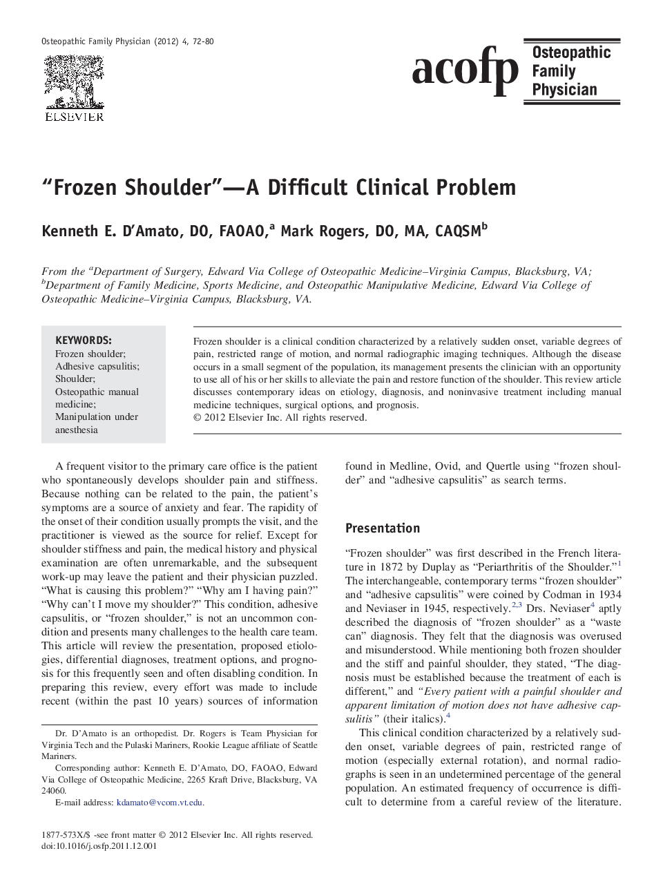 “Frozen Shoulder”-A Difficult Clinical Problem