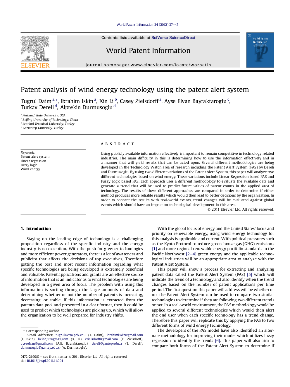 Patent analysis of wind energy technology using the patent alert system