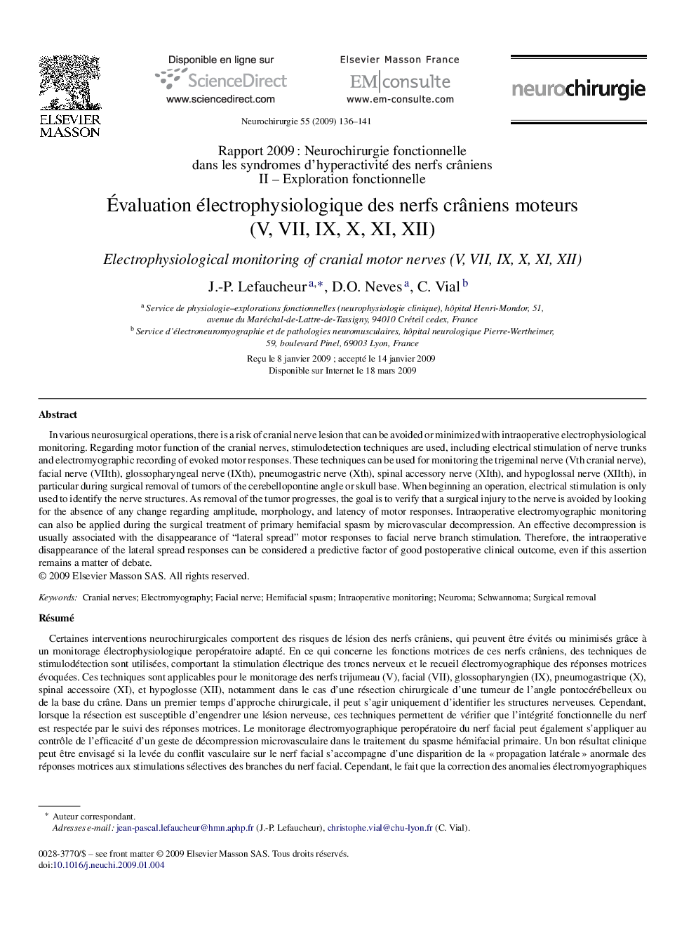 Ãvaluation électrophysiologique des nerfs crÃ¢niens moteurs (V, VII, IX, X, XI, XII)