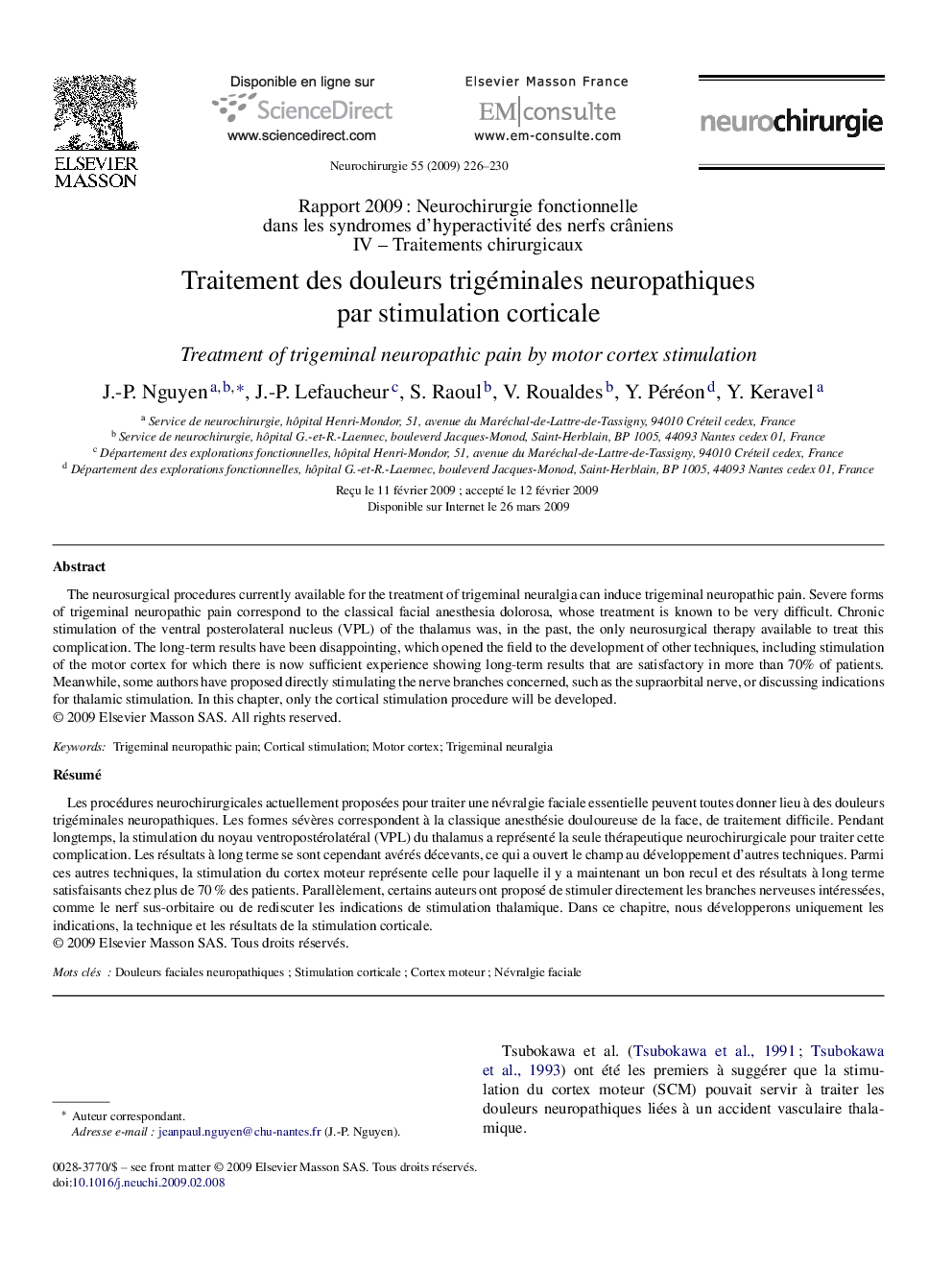 Traitement des douleurs trigéminales neuropathiques par stimulation corticale