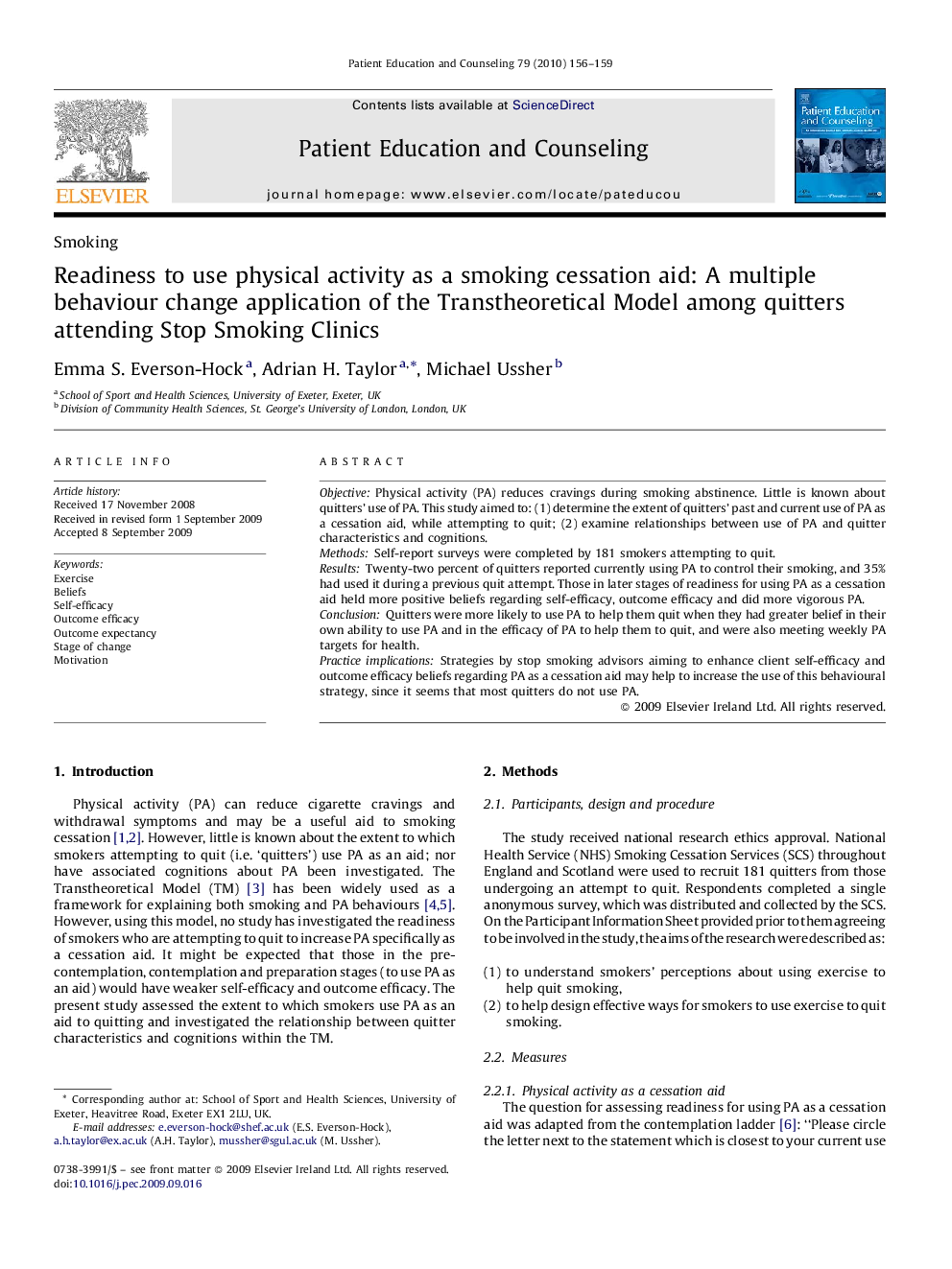 Readiness to use physical activity as a smoking cessation aid: A multiple behaviour change application of the Transtheoretical Model among quitters attending Stop Smoking Clinics