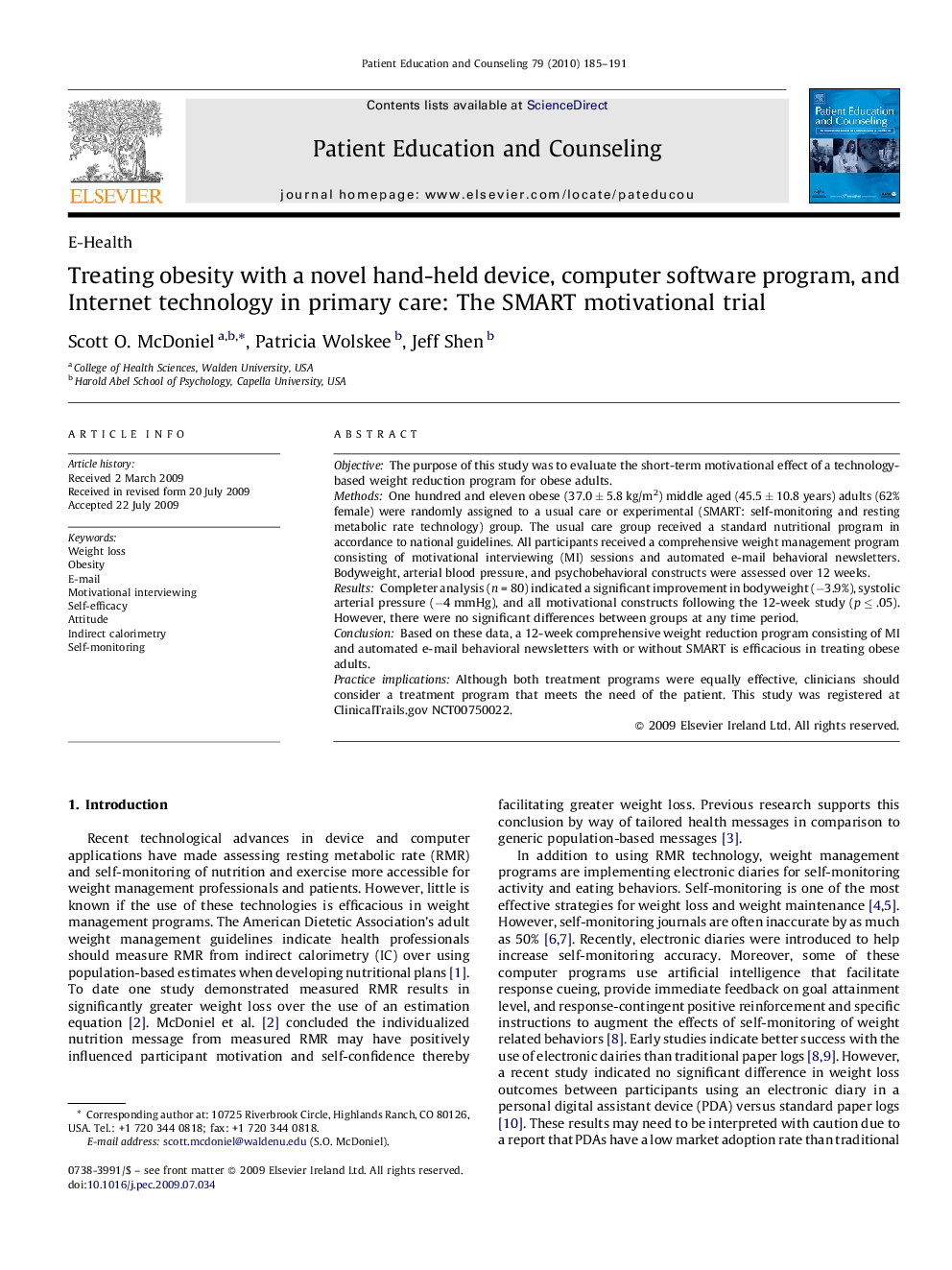 Treating obesity with a novel hand-held device, computer software program, and Internet technology in primary care: The SMART motivational trial