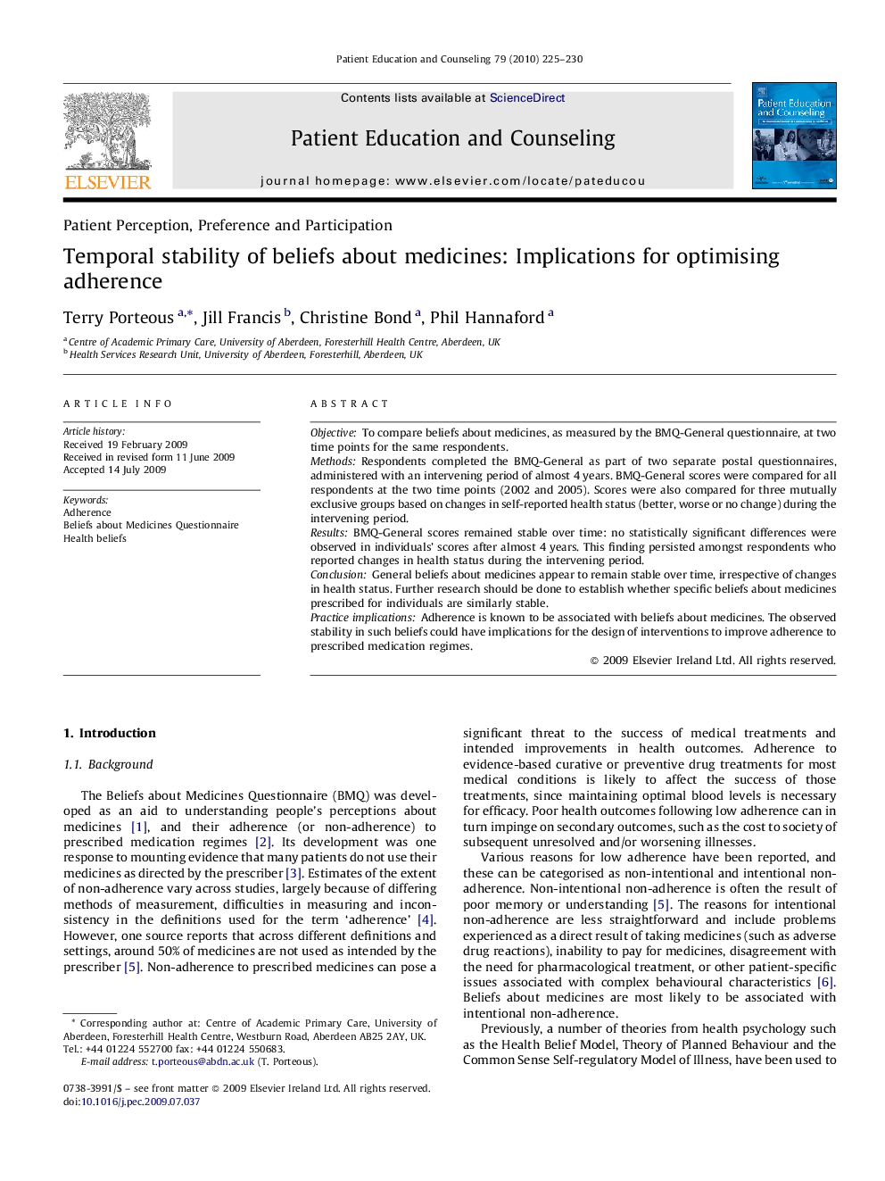 Temporal stability of beliefs about medicines: Implications for optimising adherence