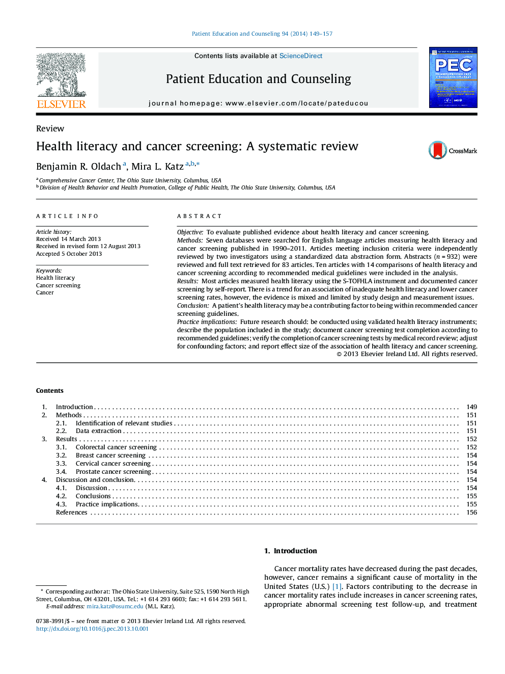 Health literacy and cancer screening: A systematic review