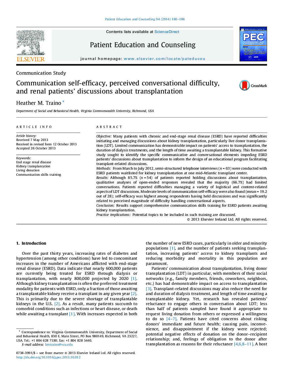 Communication self-efficacy, perceived conversational difficulty, and renal patients’ discussions about transplantation